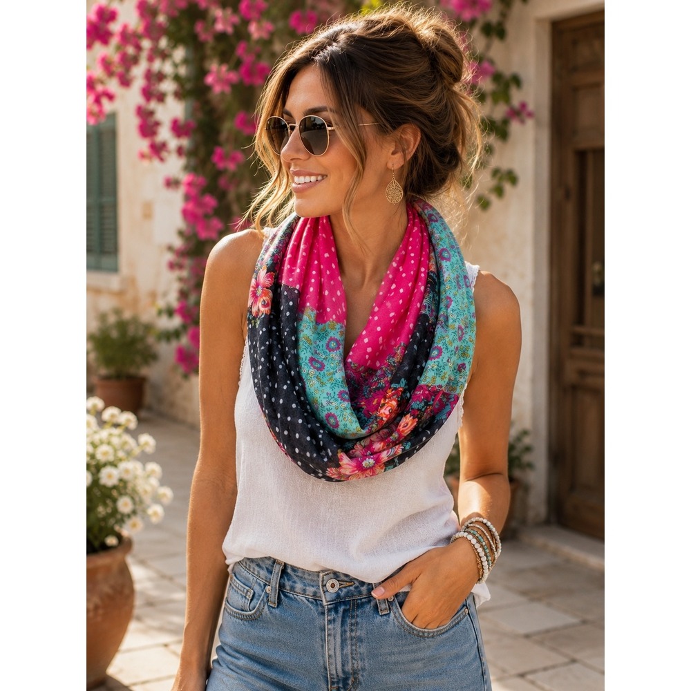 Boho Floral Infinity Scarf Pink Aqua Black Lightweight Loop Circle Scarf